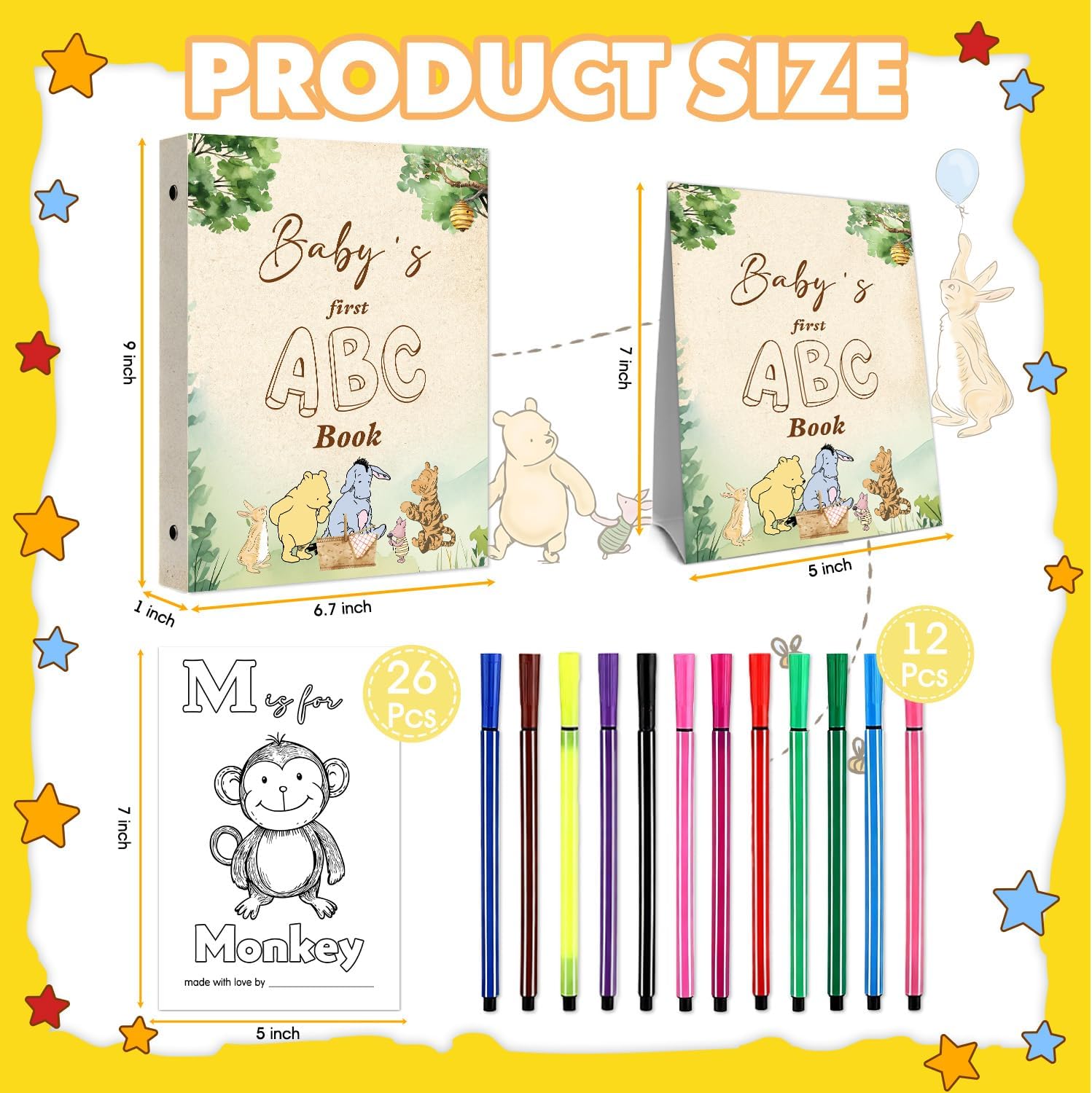 Classic Winnie Baby Shower Decorations,the Pooh Baby Shower Guest Book Alternative,Babies First ABC Book Babies Showers Activity,ABC Coloring Keepsake Books for Party,Pooh Bear Party Supplies