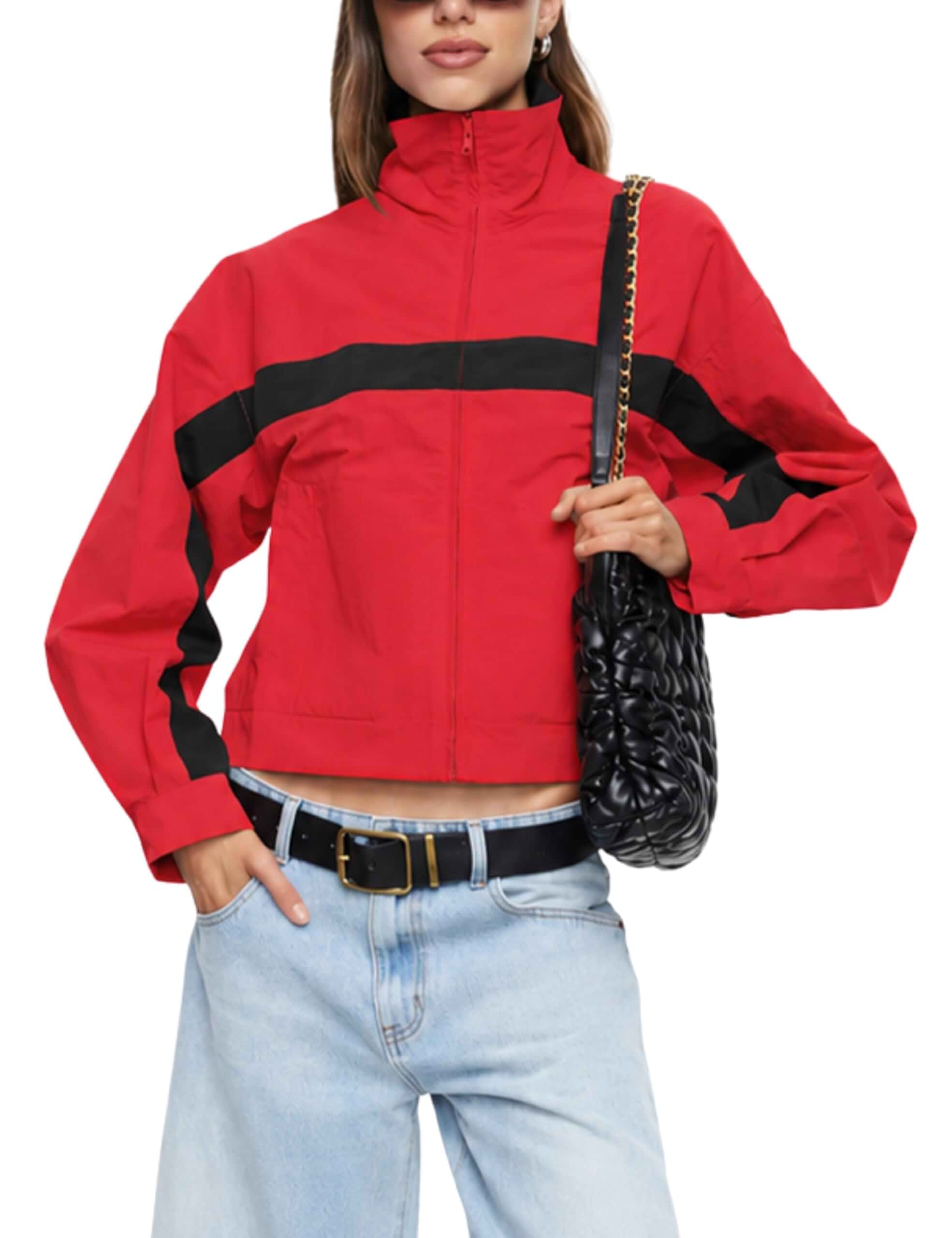Lviefent Womens Cropped Jacket Color Block Stand Collar Windbreaker lightweight nylon, color block splicing, stand collar zip, cropped fit, dual pockets, transitional seasons