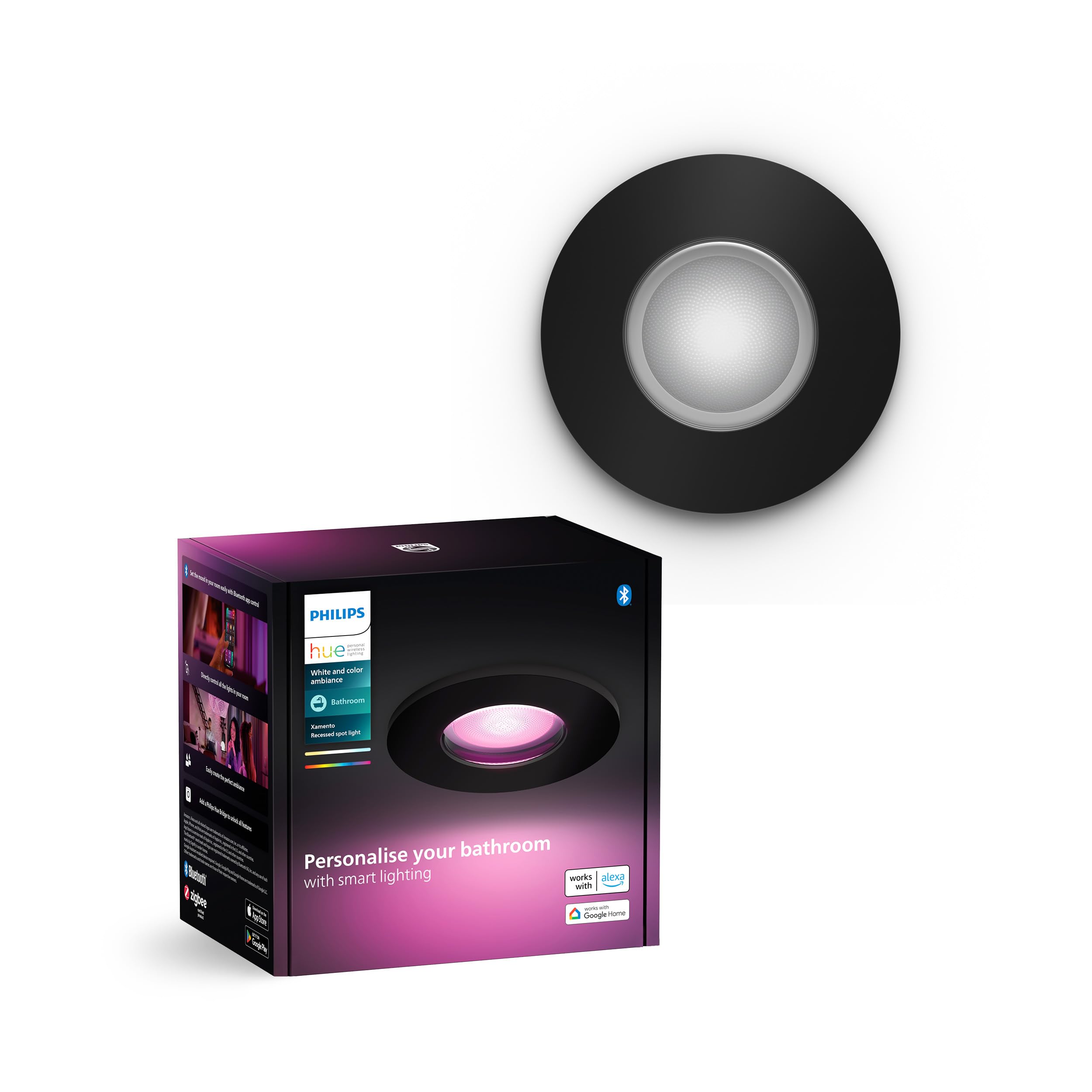Philips Hue White & Color Ambiance Xamento recessed spotlights 1 Pack, dimmable Bathroom Lights for The Hue System with 16 Million Colours, Intelligent Light Control via Voice and app, Black