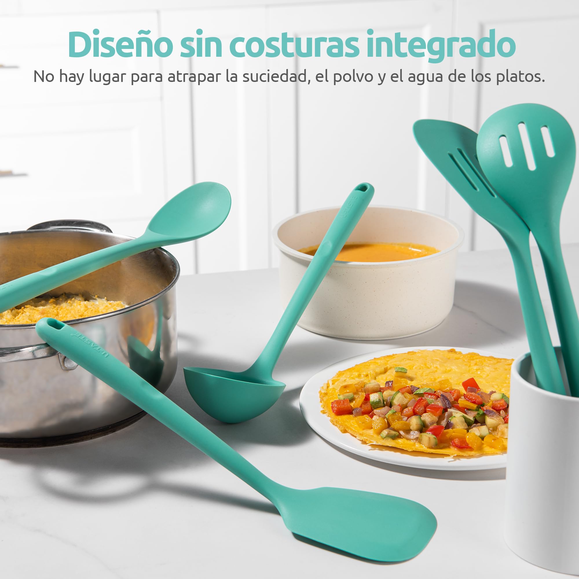 U-Taste Utensilios de Cocina de Silicona Extra Largos: 5 piezas 315 ℃ Herramientas de cocina resistentes al calor juego de espátulas antiadherentes para mezclar, servir y freír (Aqua Sky)