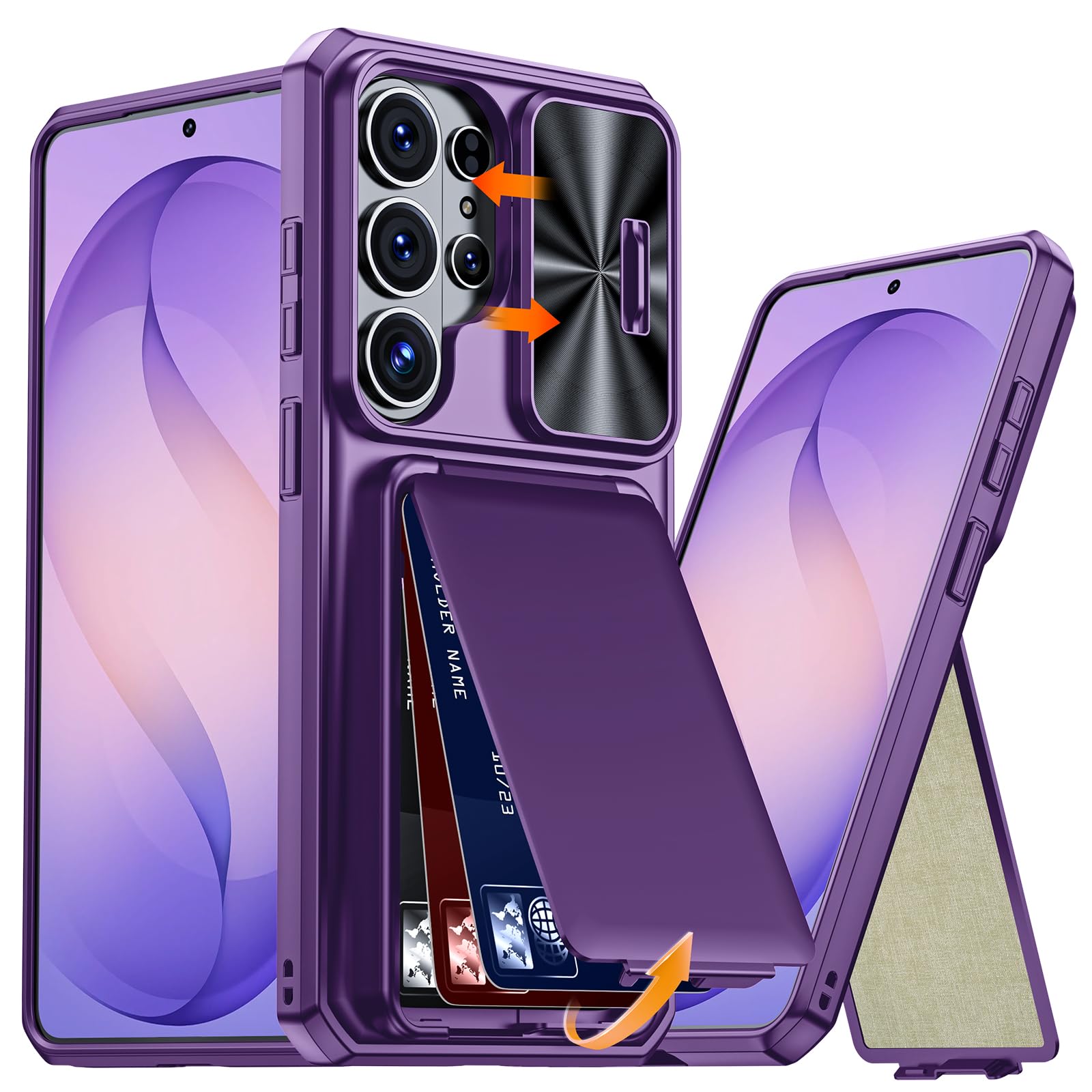 Midkart Card Holder Case Compatible with Samsung Galaxy S26 Ultra Release 2026 Rugged Hybrid Kickstand Cover Wallet Sliding Camera Military Drop Protection Shockproof, Violet-image-17