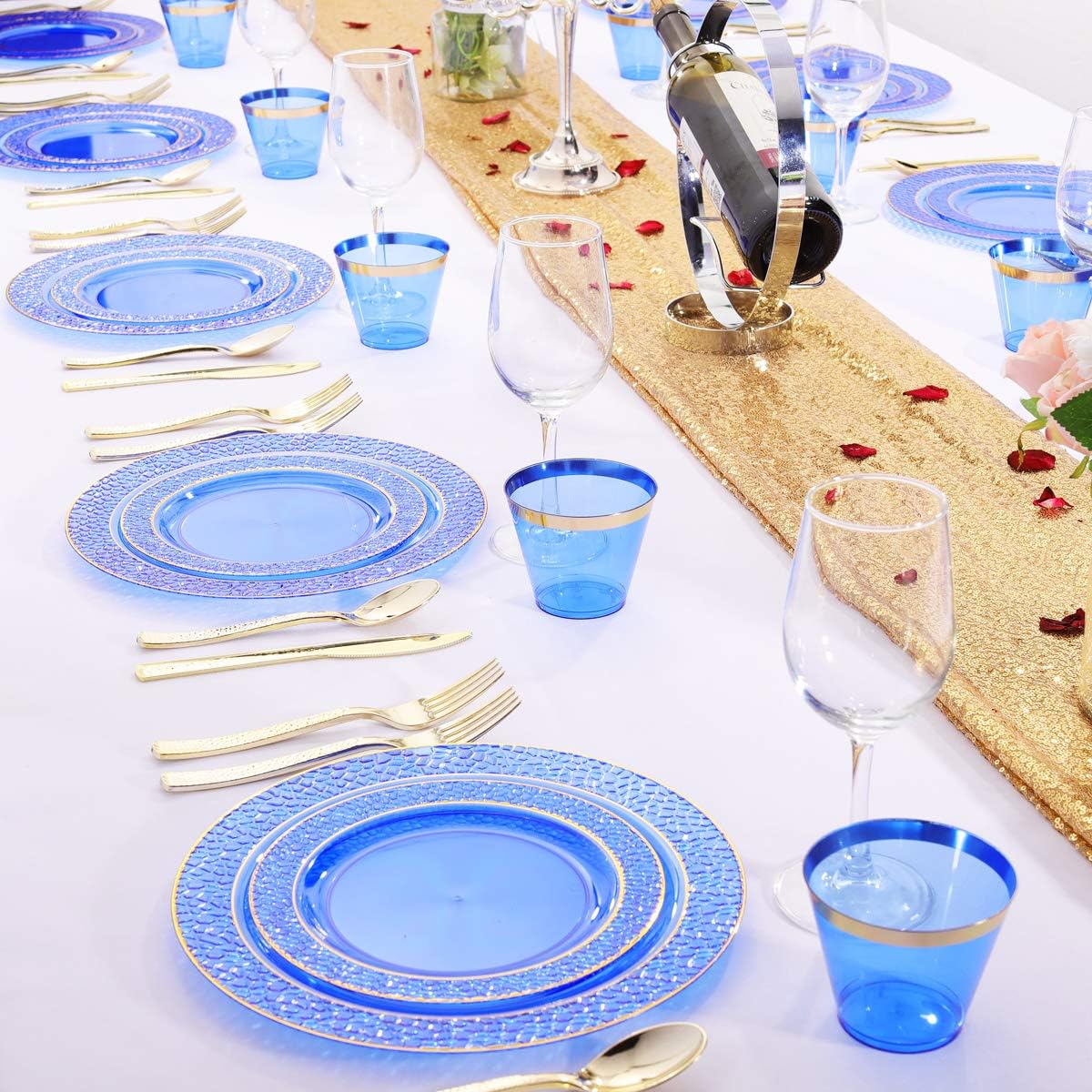 Nervure 150PCS Clear Blue Plastic Plates & Gold Plastic Silverware - Disposable Gold Plastic Plates Include 25Dinner Plates, 25Dessert Plates, 25Cups, 25Forks, 25Knives, 25Spoons for Party : Everything Else