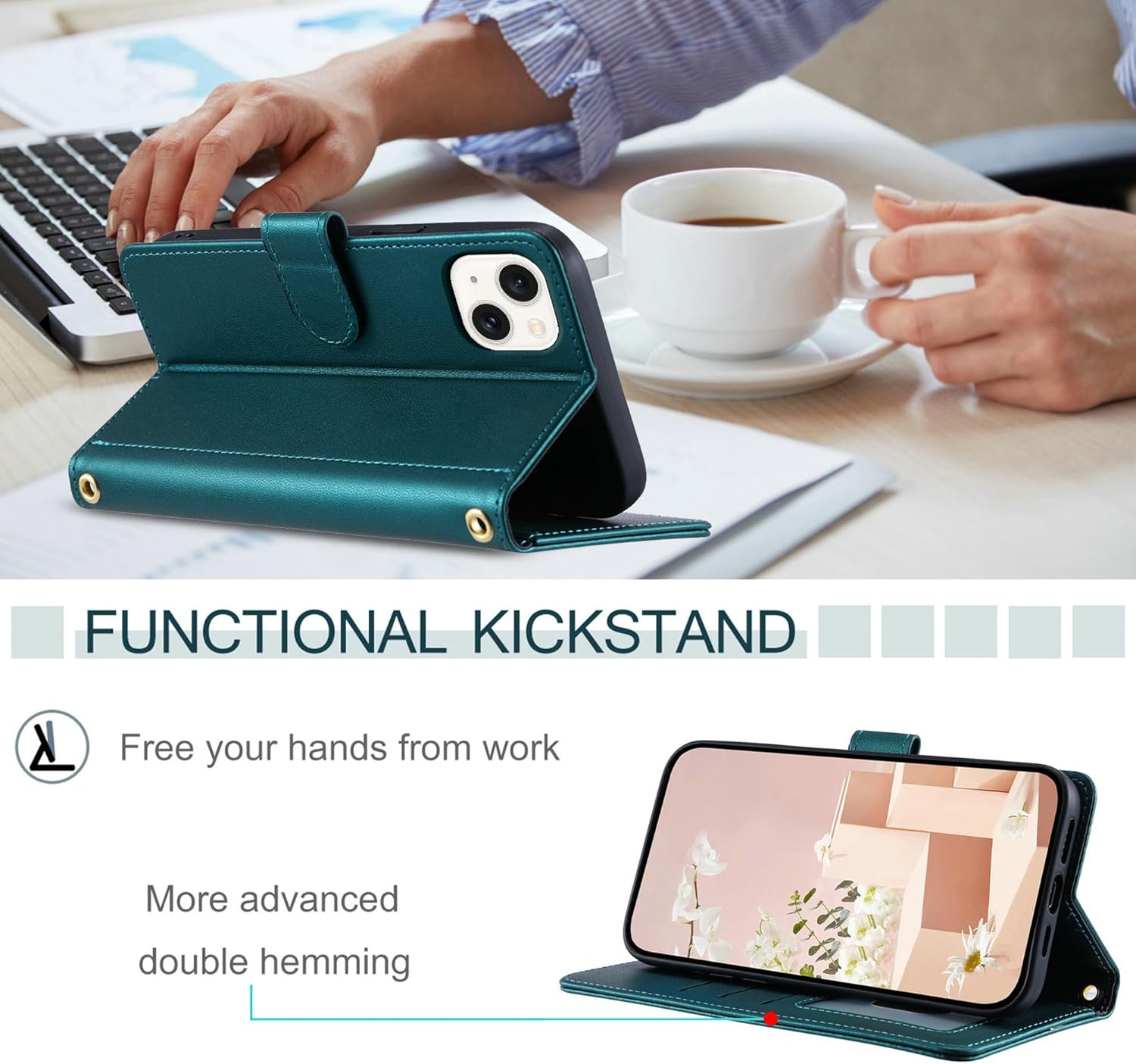 Lucyliy flip case in kickstand mode, supporting a phone horizontally on a desk.