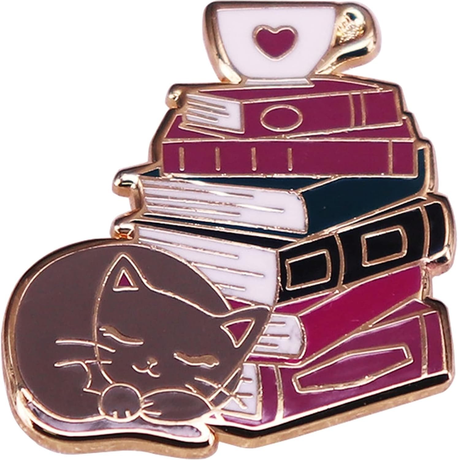 Wuufake Cat Sleeping Next to Books and Coffee Brooch, Steel Alloy Lapel Pin