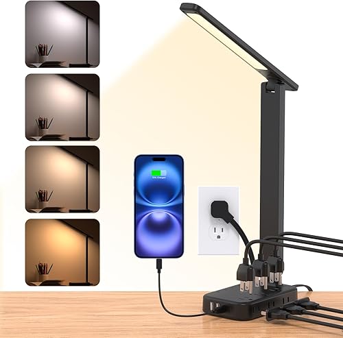 One Beat Lámpara de escritorio con 6 tomas de corriente, 4 puertos USB (2 puertos USB-C), tira de alimentación de protección ocular con 4 modos de