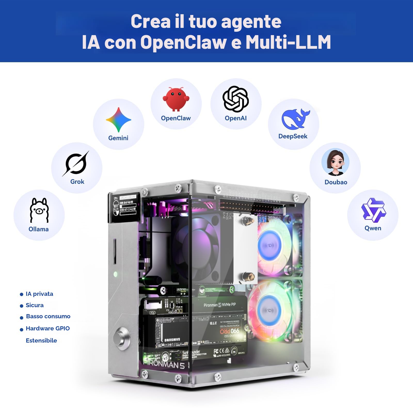Pironman 5 case Mini PC NVMe M.2 SSD PCIe 2.0/3.0 per Raspberry Pi 5 Hailo-8L, agente AI OpenClaw, dissipatore tower + doppie ventole RGB, modulo OLED 0,96", spegnimento sicuro, HDMI, effetto RGB