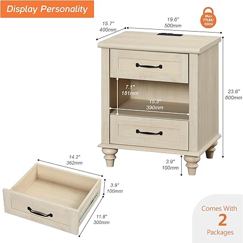 Miniatura 27 de WAMPAT Mesita de noche de ratán con estación de carga, mesa auxiliar de madera clara con 2 cajones para sala de estar, mesita de noche rústica para