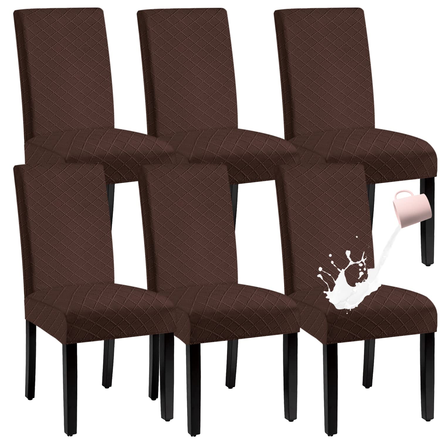 BOGUANG Waterproof Dining Chair Cover,Spandex Fabric Fit Stretch Chair Slipcover,Removable Washable Jacquard Parsons Chair Covers (Coffe,Set of 6)