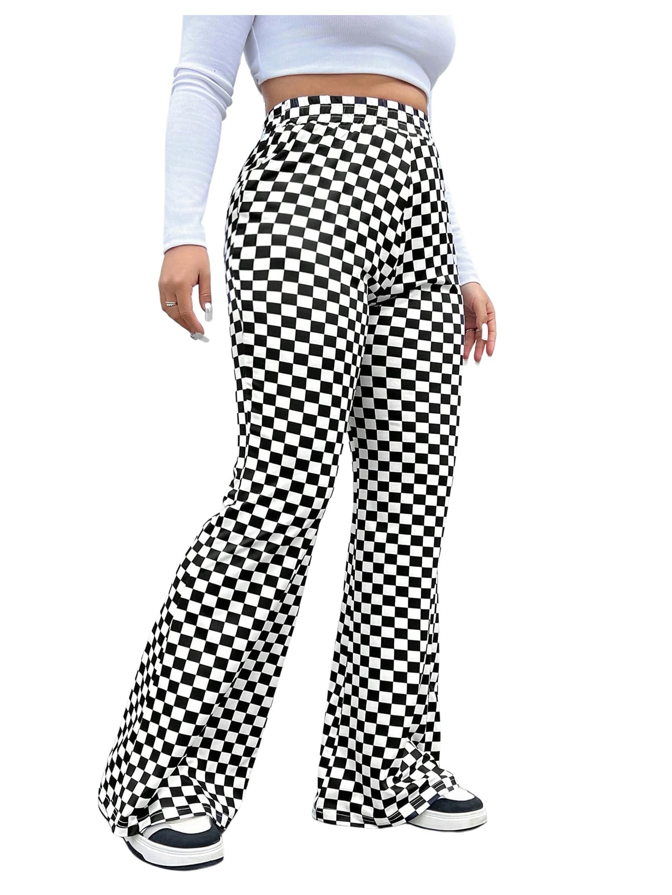 WDIRARA Womens Plus Size Newspaper Print Flare Pants High Waist Causal Long Pants Streetwear