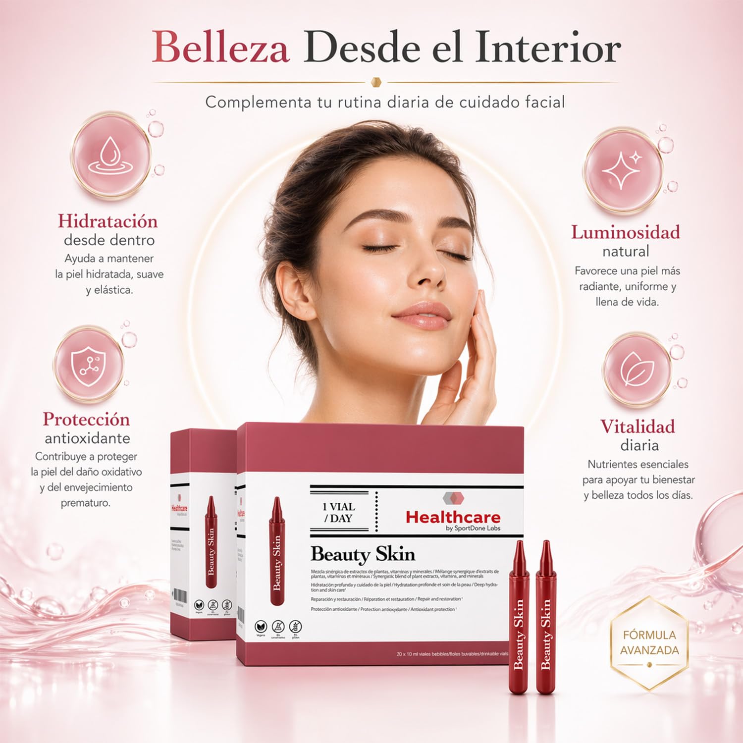Complemento Alimenticio Piel Radiante – Hidratación, Ácido Hialurónico, Aloe Vera, Hibisco y Coenzima Q10 – 2 Packs de 20 Viales Bebibles de 10ml para Piel Más Firme, Hidratada y Luminoso (40 x 10ml)