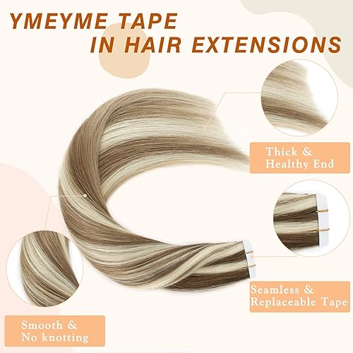 Miniatura 7 de YME YME - Extensiones de cabello humano con cinta adhesiva, reflejos naturales, castaño a marrón chocolate a rubio platino, extensiones de cabello