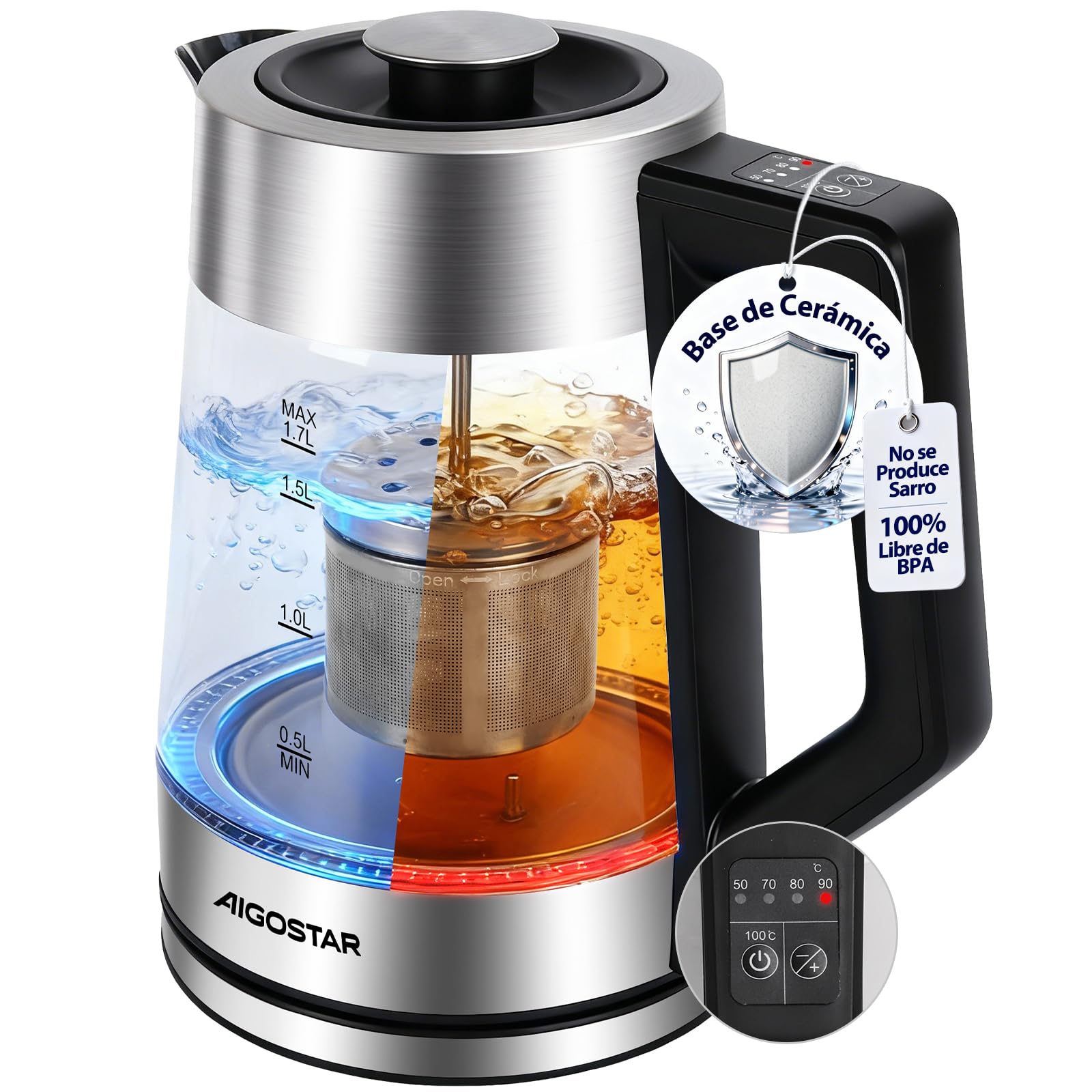 Aigostar Hervidor Agua Electrico con Regulador de Temperatura, Cerámico | Anti-Sarro, 1,7L, 2200W, Libre de BPA, Tetera Electrica de Acero Inox & Cristal, Función Mantener Calor, Apagado Auto