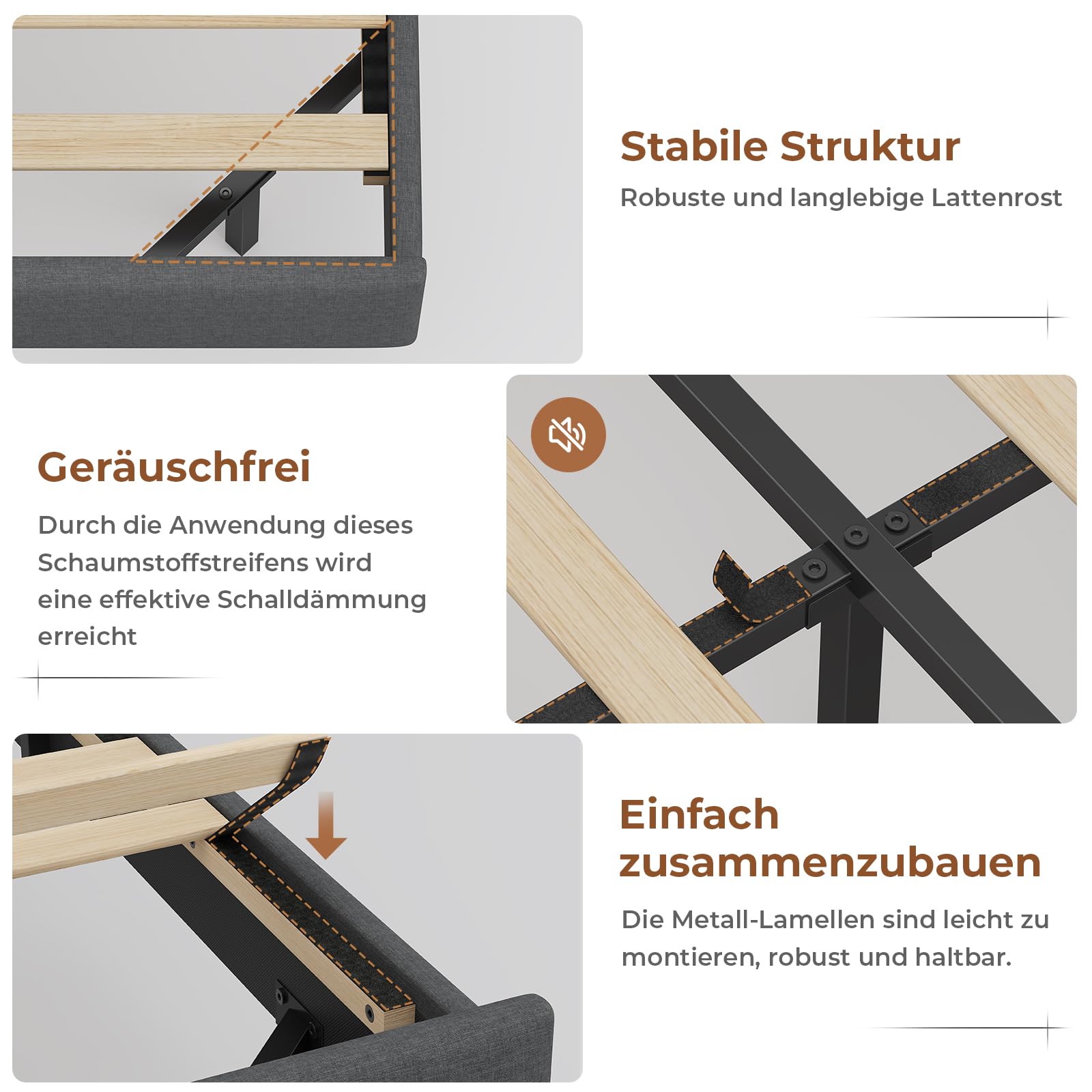 AOGLLATI Polsterbett 140x200cm, Bett 140x200 mit LED Beleuchtung und Ladestation, Schwebebett mit Kopfteil, Lattenrost aus Metall, Leichte Montage, Doppelbett, Leinen, Dunkelgrau (ohne Matratze)