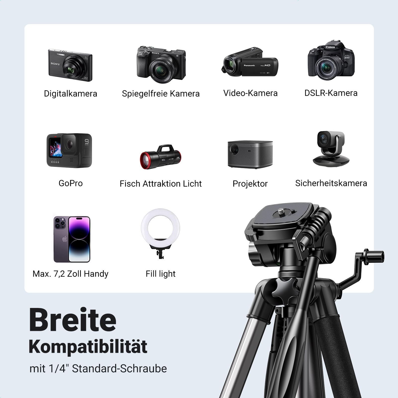 UGREEN Kamera Stativ mit 53,5-175 cm Höhe, leichtes und tragbares Reisestativ, Aluminium Dreibein Stativ mit Handyhalter und Reisetasche für Smartphones DSLR Canon Nikon Action Kamera