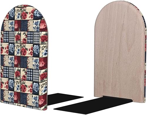 Book Ends for Shelves 1 Pair - Vintage Rose Check Print Wood with Metal Base Bookends for Heavy Books, Book Stand Organizer Holder for Books Movies