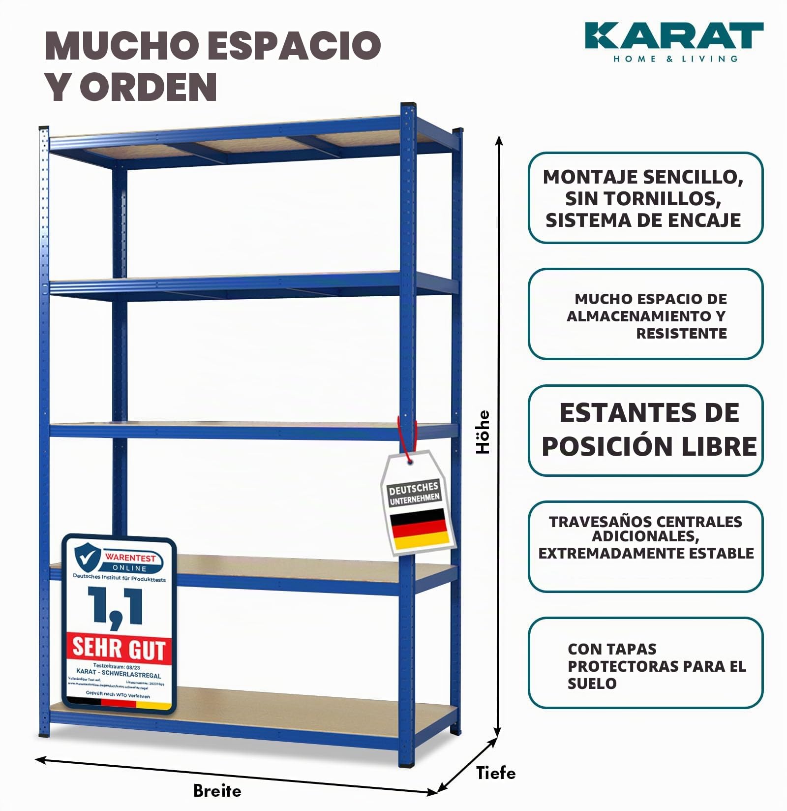 Karat Estantería para Cargas Pesadas, 180 x 90 x 60 cm, sin Tornillos, para sótano, de Metal, de Acero, 5 estantes Ajustables (Azul)