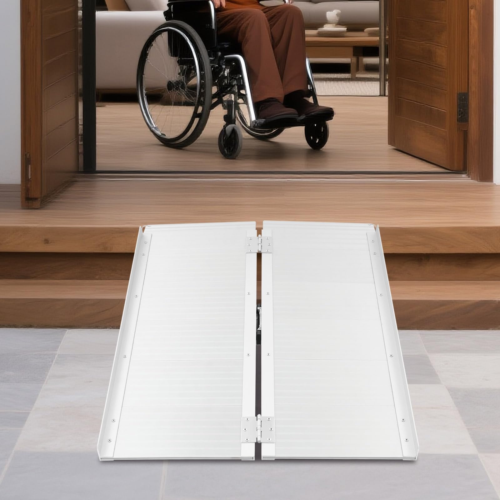 Rampa plegable para silla de ruedas, 90 x 73 cm, capacidad de carga de 300 kg, antideslizante y portátil, para peldaños, escaleras, umbrales, sillas de ruedas, scooters, carros de mano