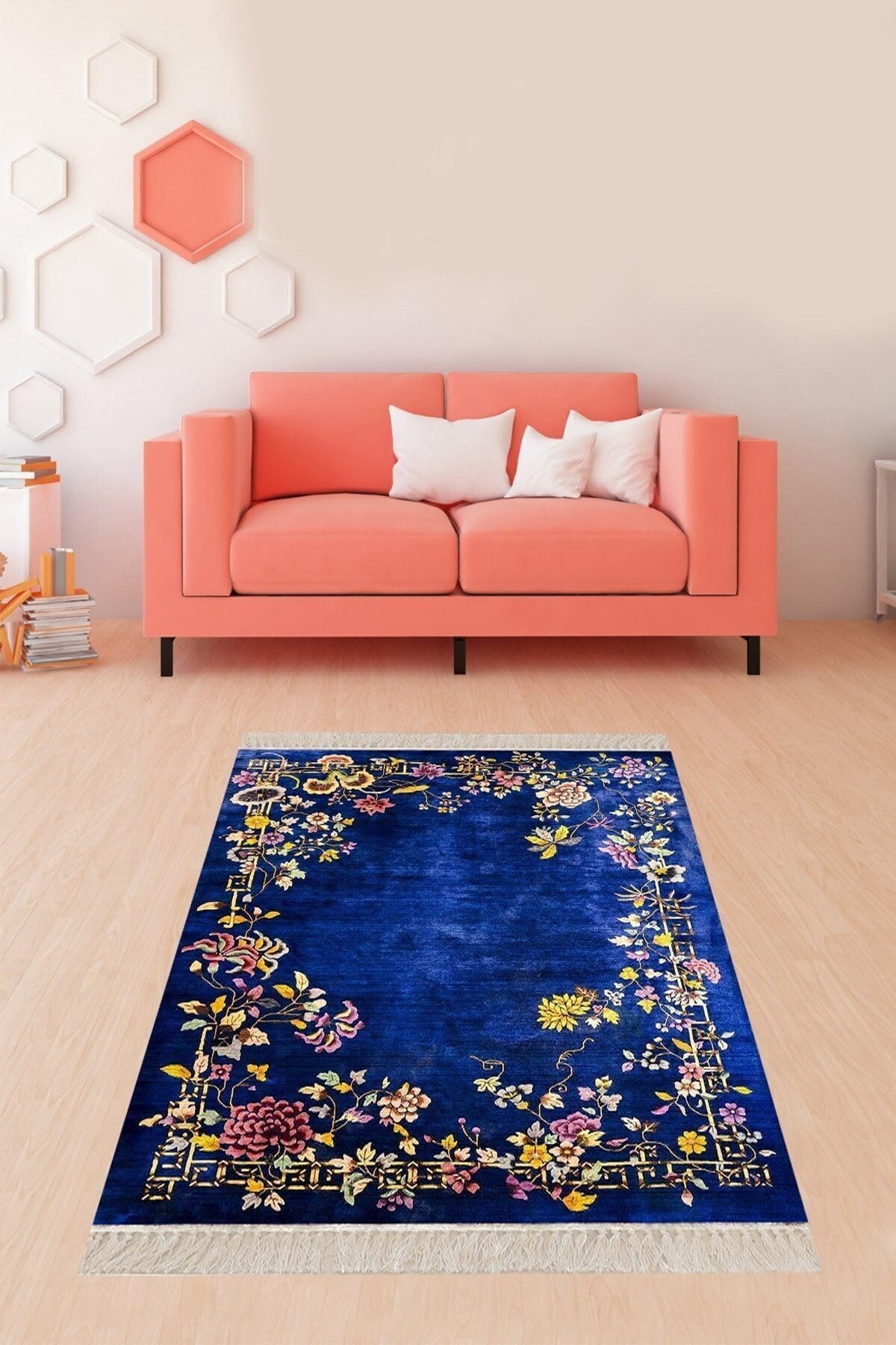 Pelangi Çiçek Desenli Etnik Dijital Baskı Yıkanabilir Kaymaz Taban Salon Halı, Lacivert 120 x 160