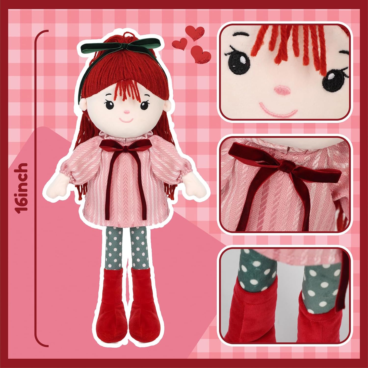 Soft Baby Doll Toys (16'') Baby Rag Doll for Girls Birthday Gifts Cuddly Plush Toys for Toddler Kids (Red) - Image 2