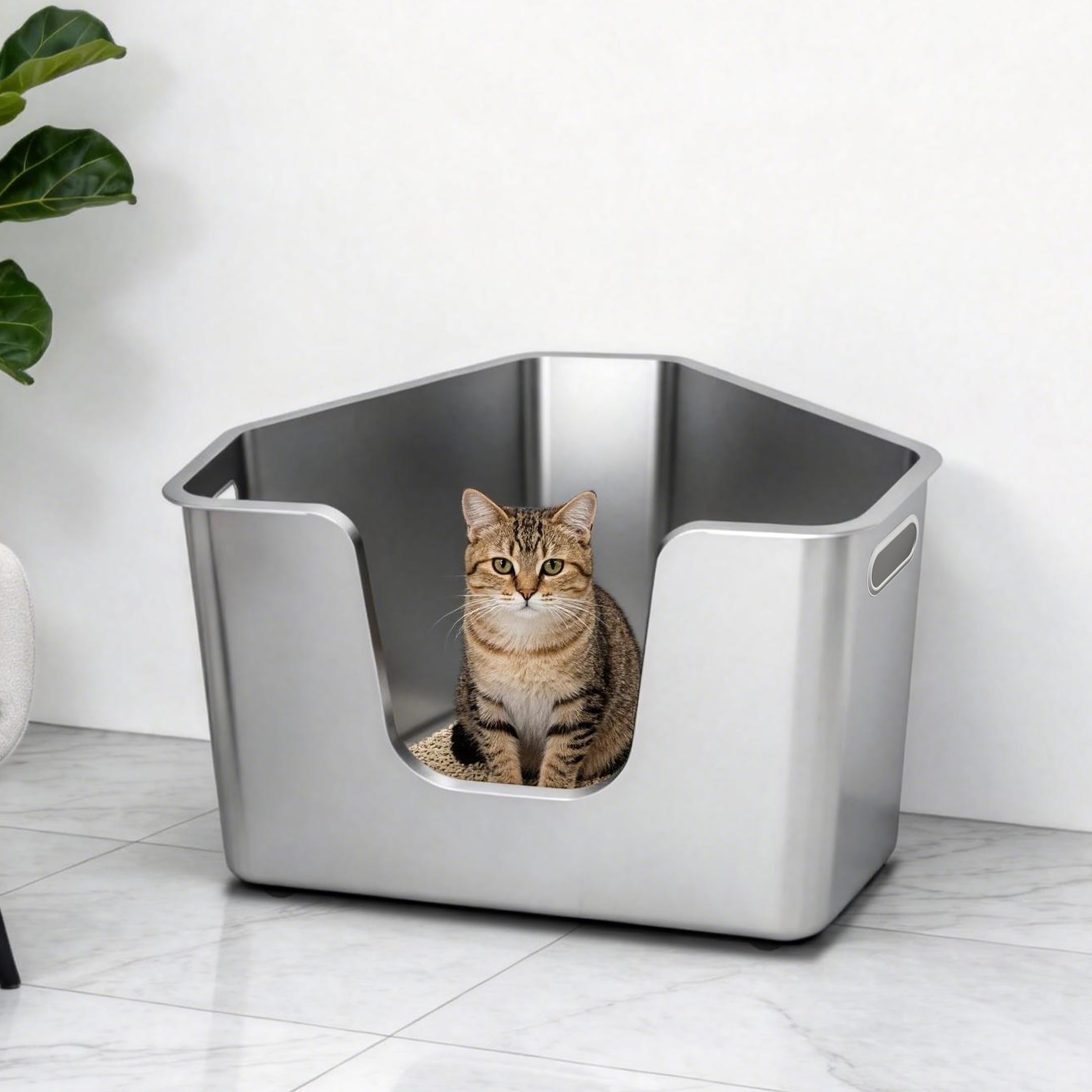 PTLOM Lebensmittelechtes Katzenklo Edelstahl Katzentoilette, Einteiliges Eck-Modell 37.5cm Hohe Seitenwände, Antihaftbeschichtet, Ohne Montage, Einfache Reinigung, Für Mehrkatzenhaushalte