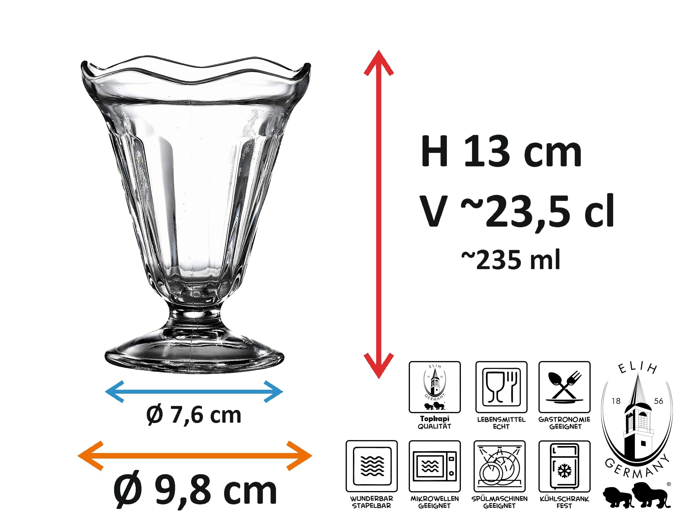 Topkapi 250.872 – 6 kubków do lodów Chicago, miseczki deserowe, szklanki do koktajli, Ice Cream Sundae, 23,5 cl, wys. 13 cm