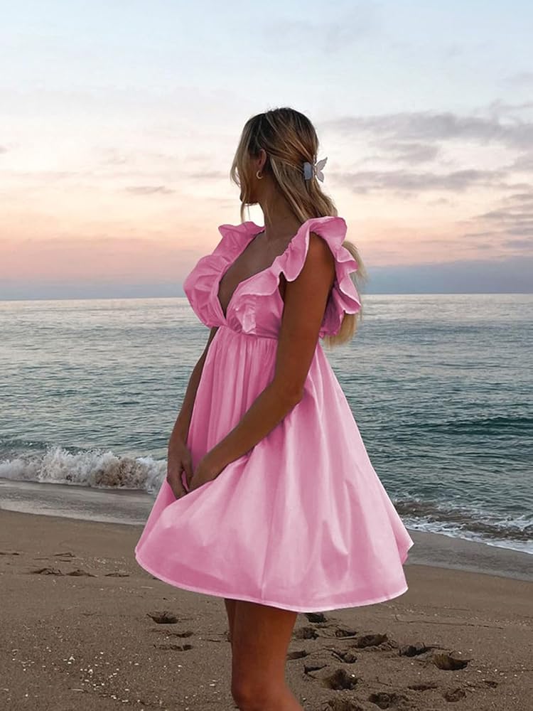 Zebaexf Women's Pink Babydoll V Neck Dress Cute Summer Puffy
