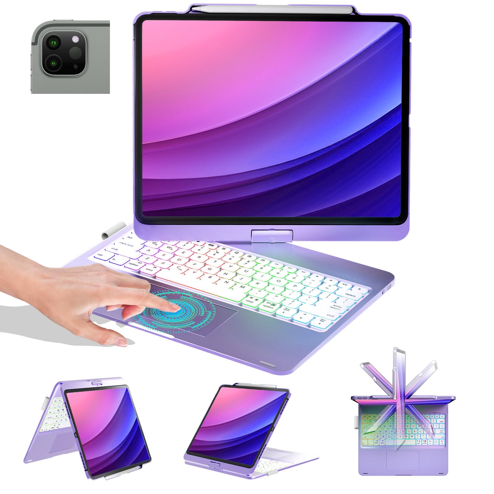 BABG Keyboard Case for iPad Air 13 inch(M3/M2)&iPad Pro 13, iPad Pro 12.9(6th/5th /4th/3rd Gen) Case with Keyboard,360° Rotatable,Toupad,Backlits,Pencil Charging-Metallic Purple