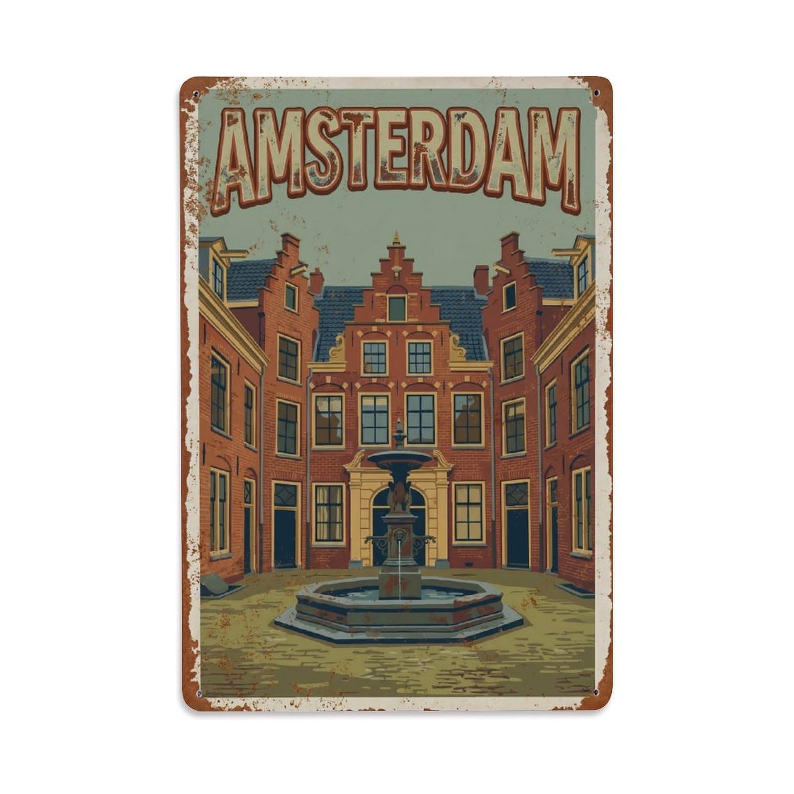 Okngb Style Amsterdam Courtyard Canal Vintage Urban Tourism Dutch Metal Tin Sign Plaque Wall Decor For Cafe, Man Cave, Club Bar, Office, Home Garden Round Metal Poster 8X12inch
