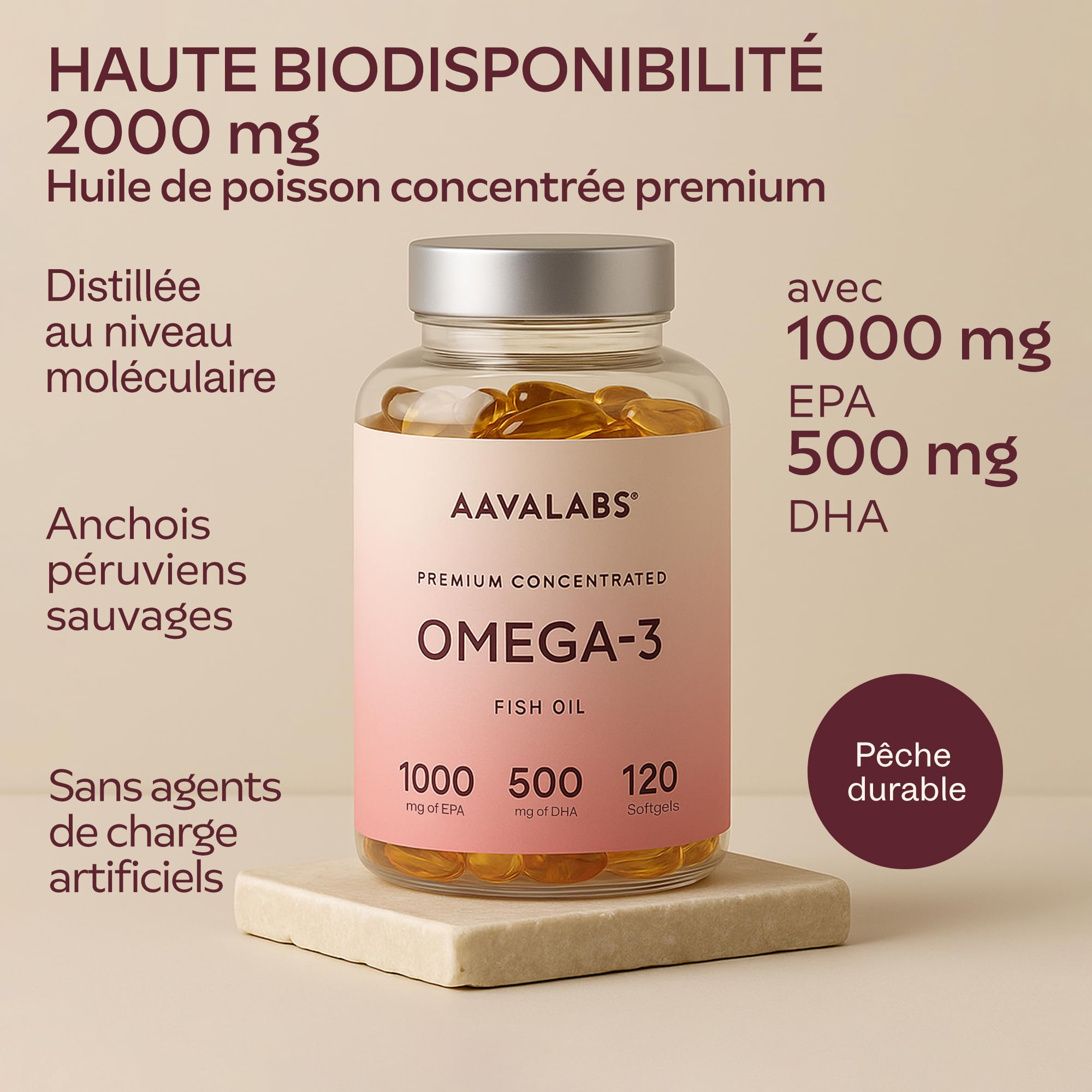 Omega 3 DHA EPA Huile de Poisson Sauvage 2000mg: 1000mg EPA + 500mg DHA par dose (2 gélules) - Complement Alimentaire Omega3 Fish Oil Concentration Pure et Forte en Oméga 3 et Vitamine E - 120 Gélules