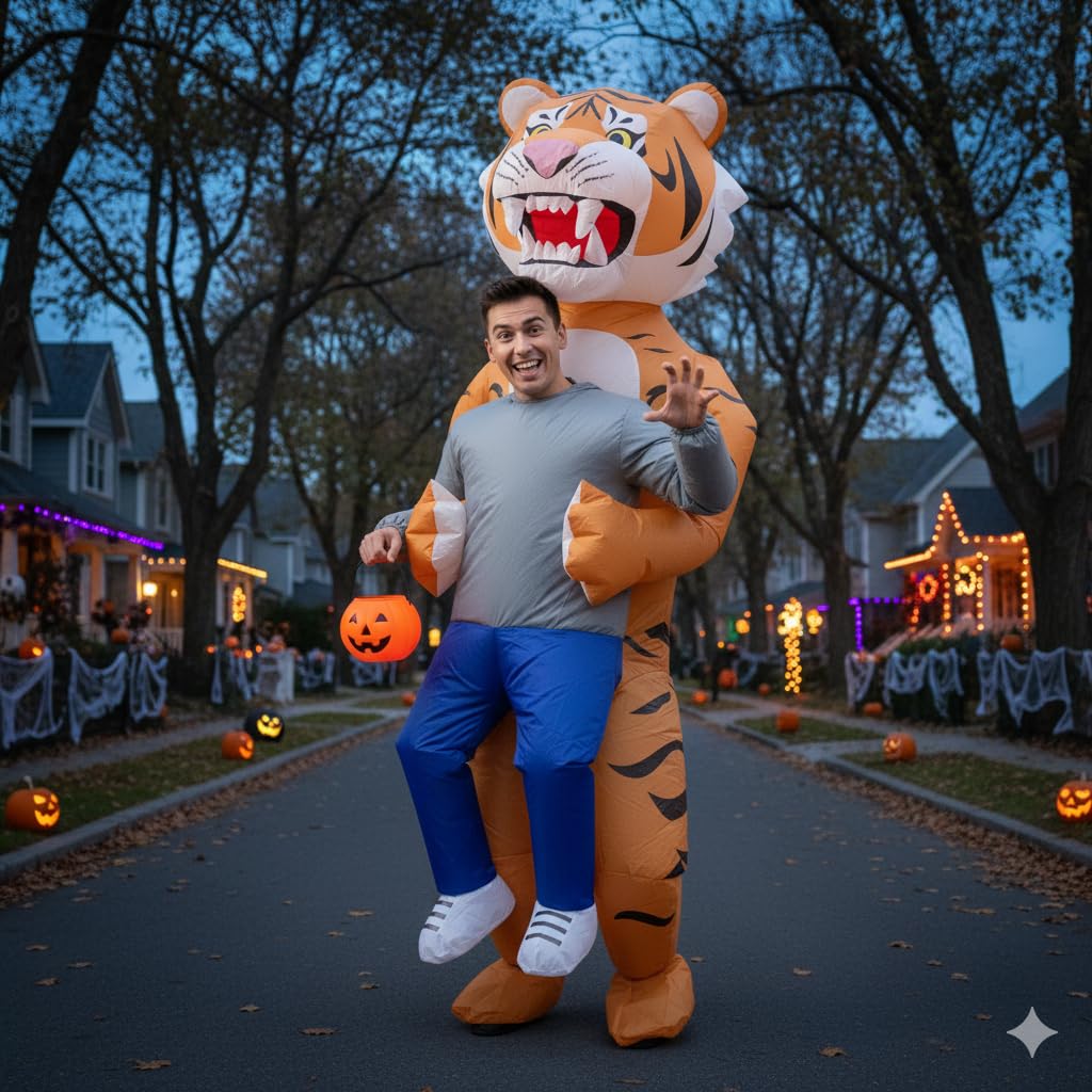 A2Z Disfraz inflable de tigre para adultos y mujeres con caja de batería de abanico, disfraz divertido de tigre inflable para hombres y mujeres, Halloween, fiestas y festivales, talla única