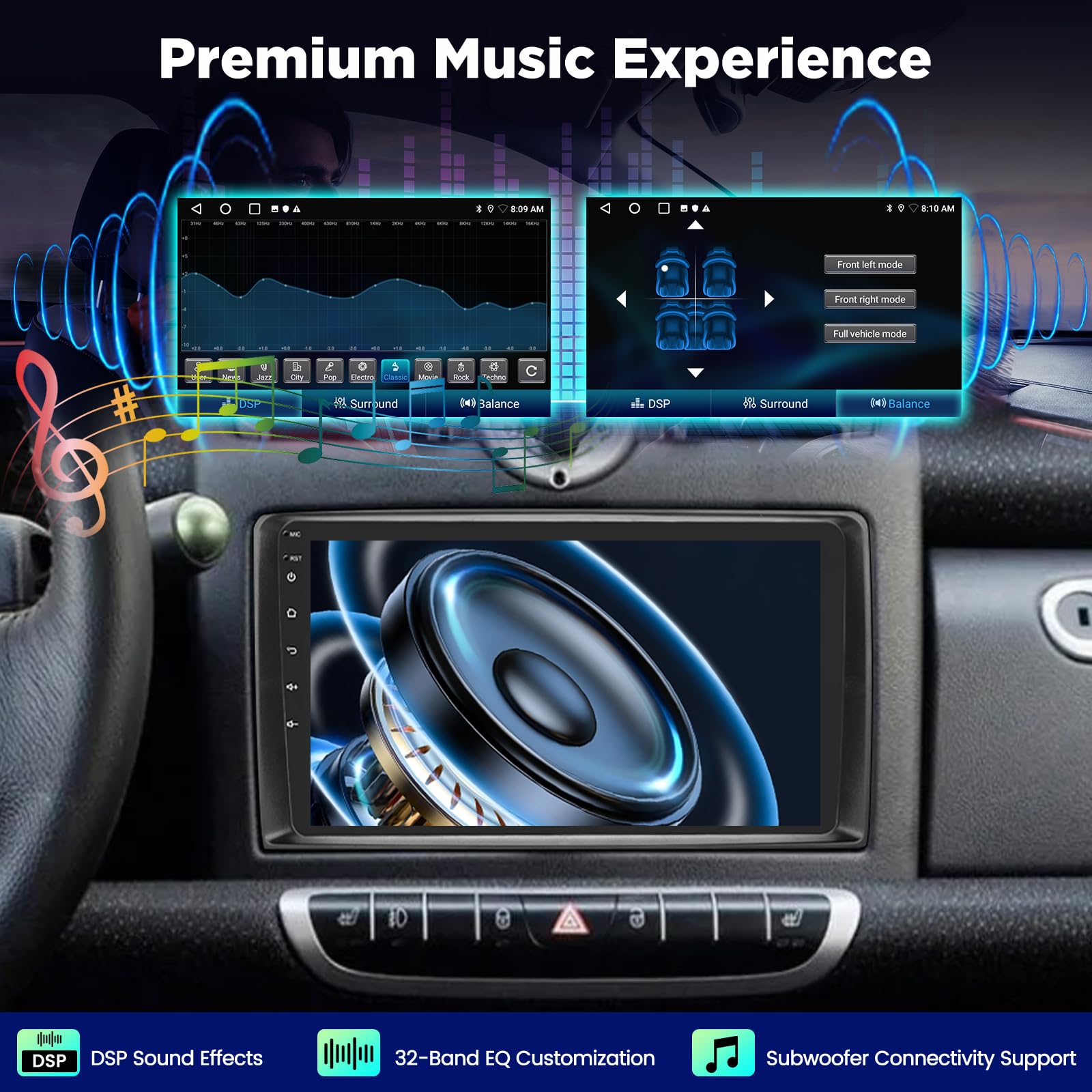 Autoradio Android pour Mercedes Benz Smart Fortwo 2005-2010, Écran Tactile 9 Pouces avec Wireless CarPlay & Android Auto, GPS Navigation WiFi Bluetooth FM RDS, Son DSP, Caméra de Recul AHD