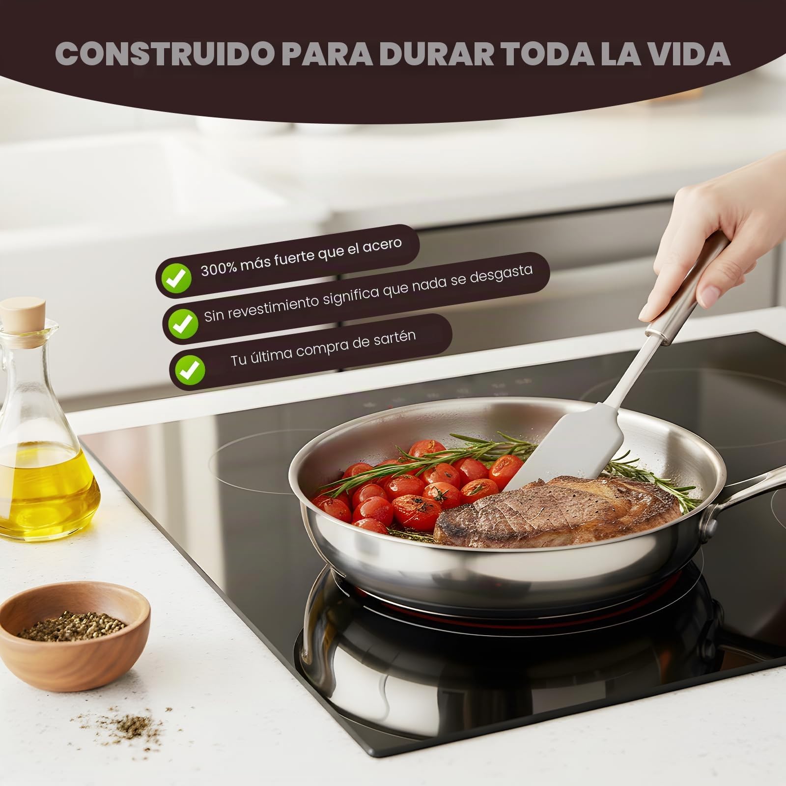 Sartén de titanio con tapa, sartenes de titanio con patrón martillado para cocinar, resistente a los arañazos, antiadherente, sartén de titanio Pro Inducción, para cocina y camping (28cm)