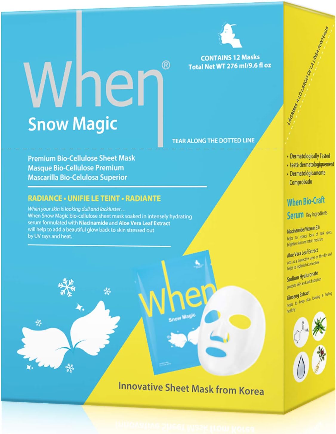 Radiance Bio-Cellulose Facial Sheet Mask - When Beauty Snow Magic Face Premium Korean Skincare Fine Line Wrinkles Reduce Intensive Hydration Soothing Protection (12 pcs set)