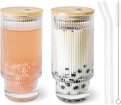 Miniatura 14 de Juego de 2 vasos de 16 onzas con tapas de bambú, popotes, cepillo, juego de cristalería para jugo, café helado, cerveza y whisky 2 clavos de 16