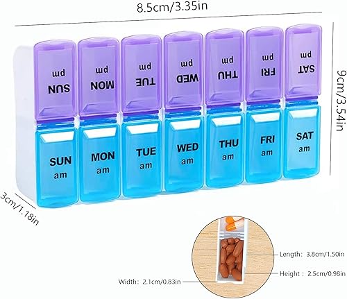 Miniatura 3 de Organizador semanal de píldoras 7 días 2 veces al día, pastillero de viaje portátil, extraíble, caja de medicina de gran capacidad para monedero, AM