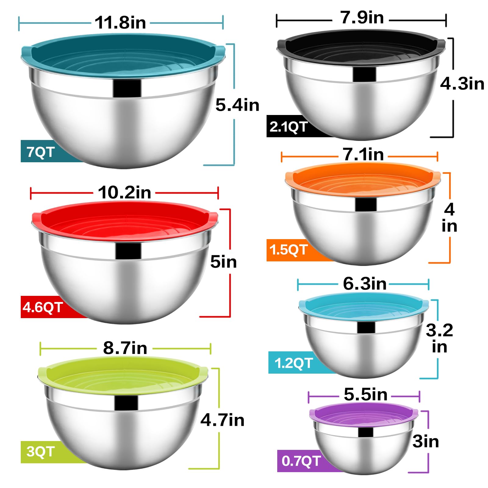 E-far Cuencos de acero inoxidable con tapas, 7 cuencos de metal con tapas herméticas coloridas para ahorrar espacio de almacenamiento, tamaño 7, 4.6, 3, 2, 1.5, 1, 0.7 cuartos de galón, ideal para