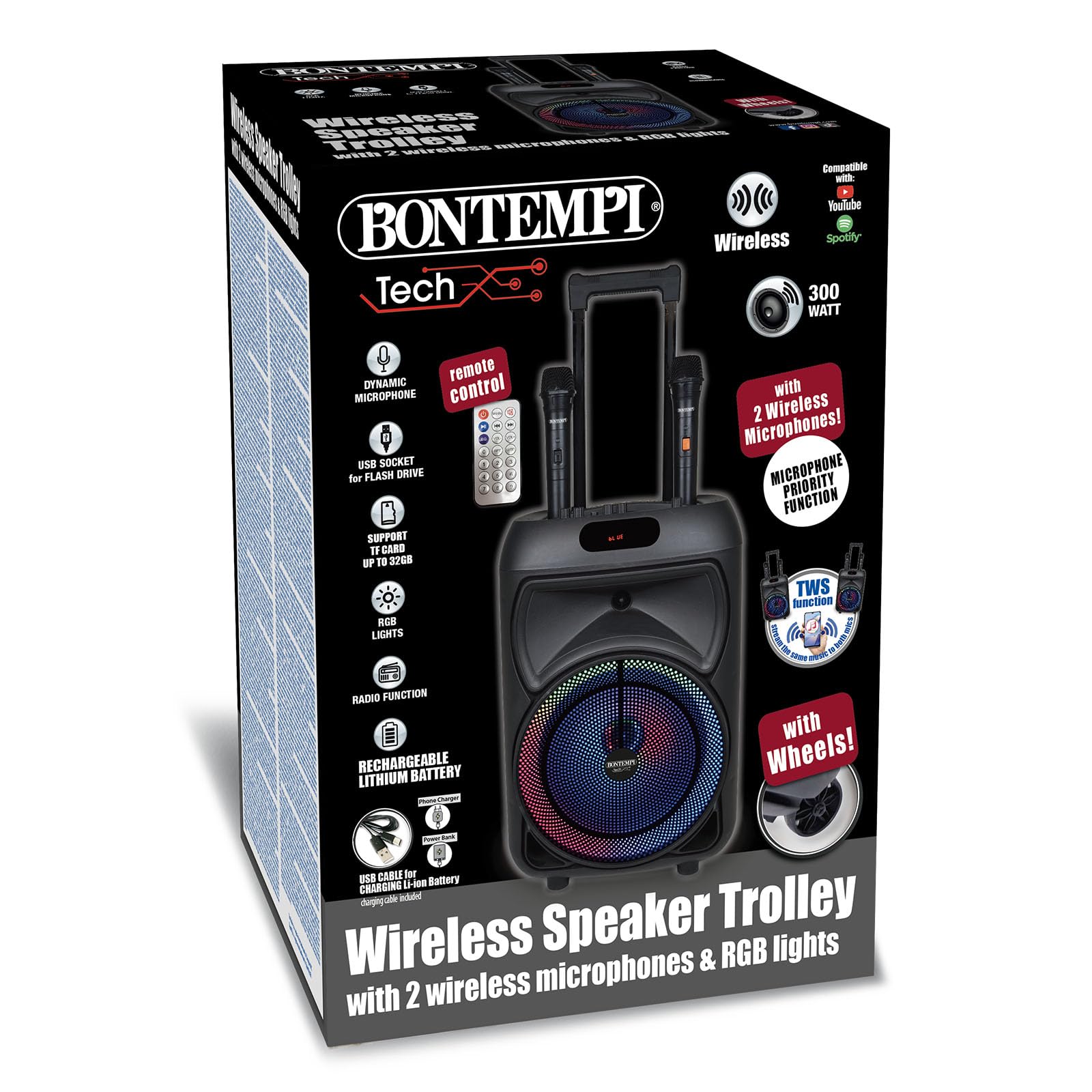 Bontempi | Cassa Trolley Acustica Wireless con 2 Microfoni Senza Filo, Luci RGB, Telecomando, Display, Funzione TWS, 48x29x24 cm