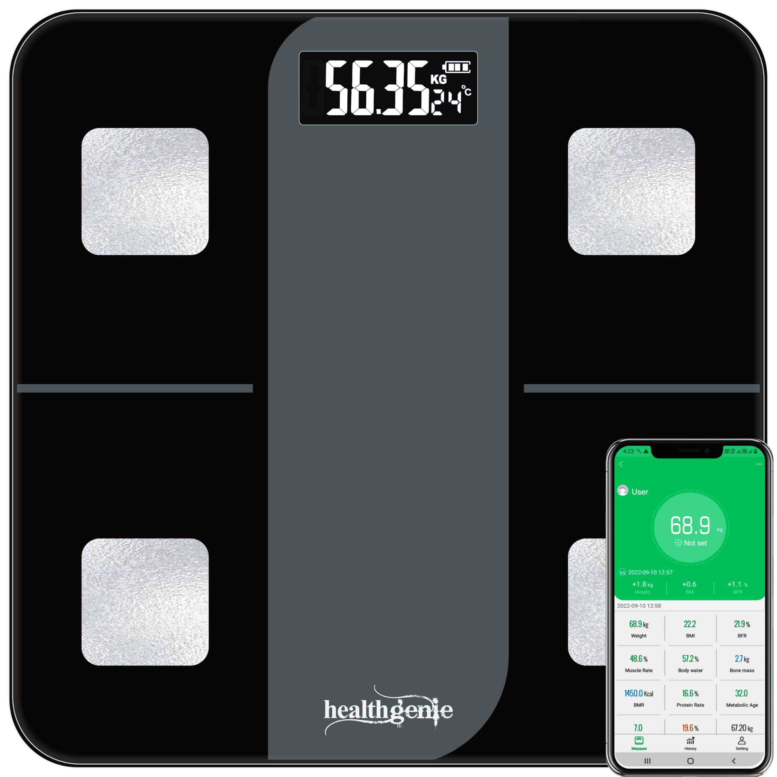 Healthgenie Smart BMI Weight Machine for Body Weight with 18 Body Parameters Sync with Mobile App, Body fat Analyzer Machine with 2 Yrs Warranty Bluetooth Weighing Machine Grey Divine (HB-411)