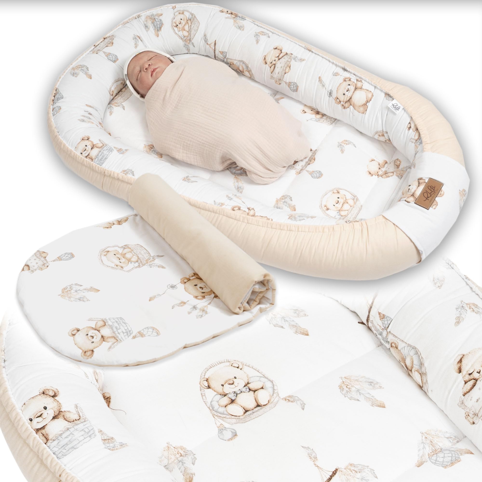 PaLulli Nido extra grande para bebés de 100 x 60 cm, juego con inserto extraíble de algodón, nido de peluche reversible para bebés, hecho a mano, transpirable y seguro (oso beige)