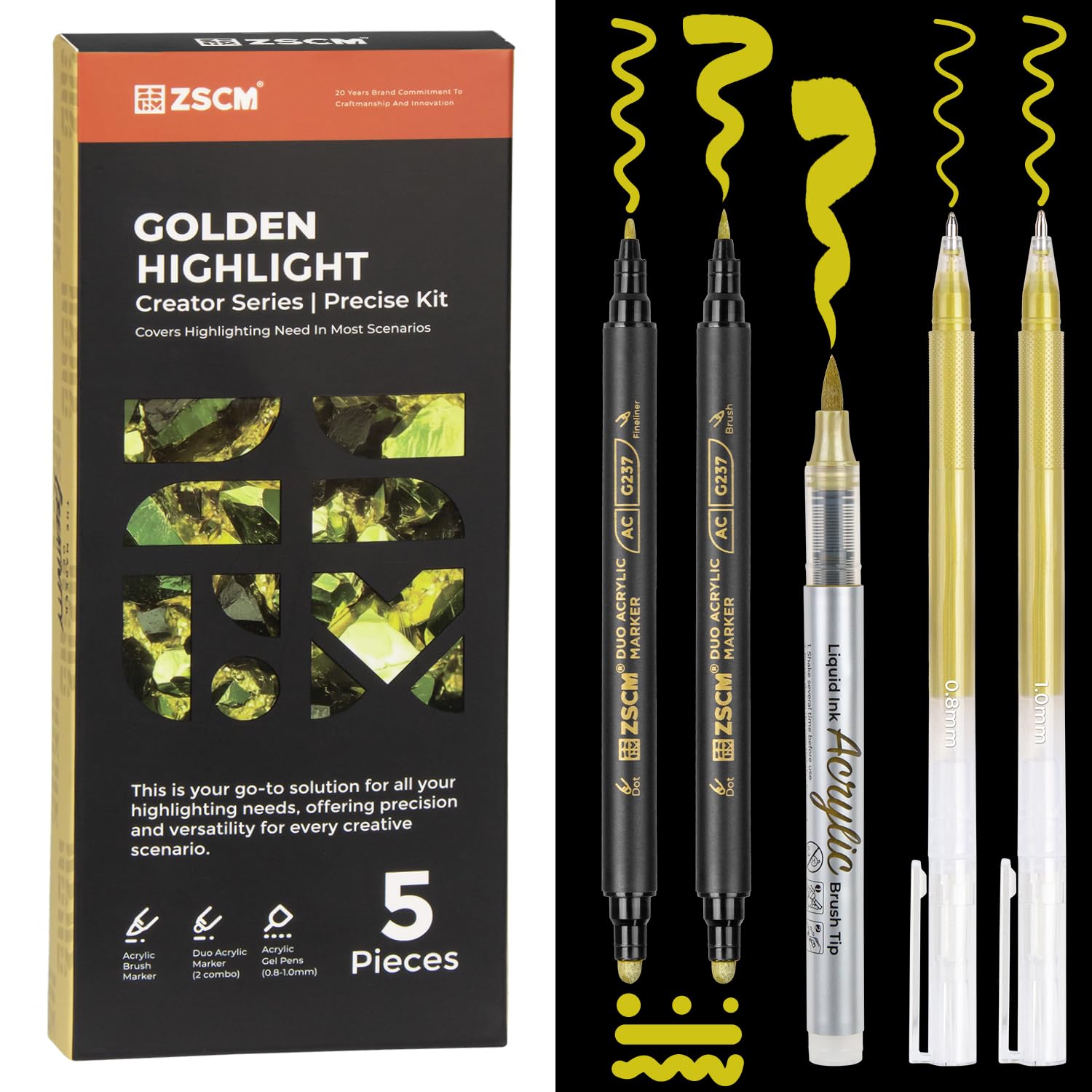 ZSCM 5 Pack Gold Acrylic Ink Pens for Drawing, Fine Point Gold Gel Pens, Brush Tip Markers，Dual-Tip Opaque Acrylic Markers for Black Paper Highlighting Drawing, Sketching, Illustration, Card Making