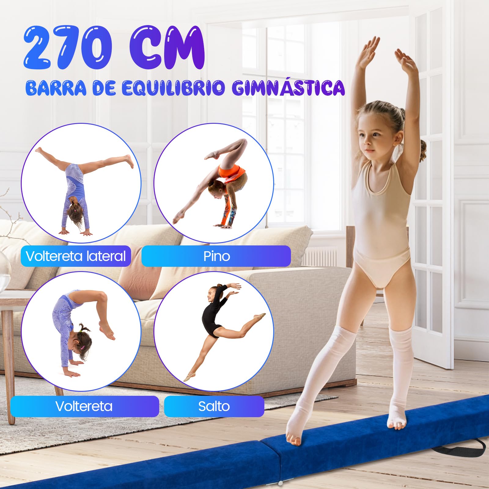 COSTWAY Barra de Equilibrio Plegable 240cm, Base de Madera Sólida y Fondo Antideslizante, Viga de Equilibrio e para Niños y Adolescentes