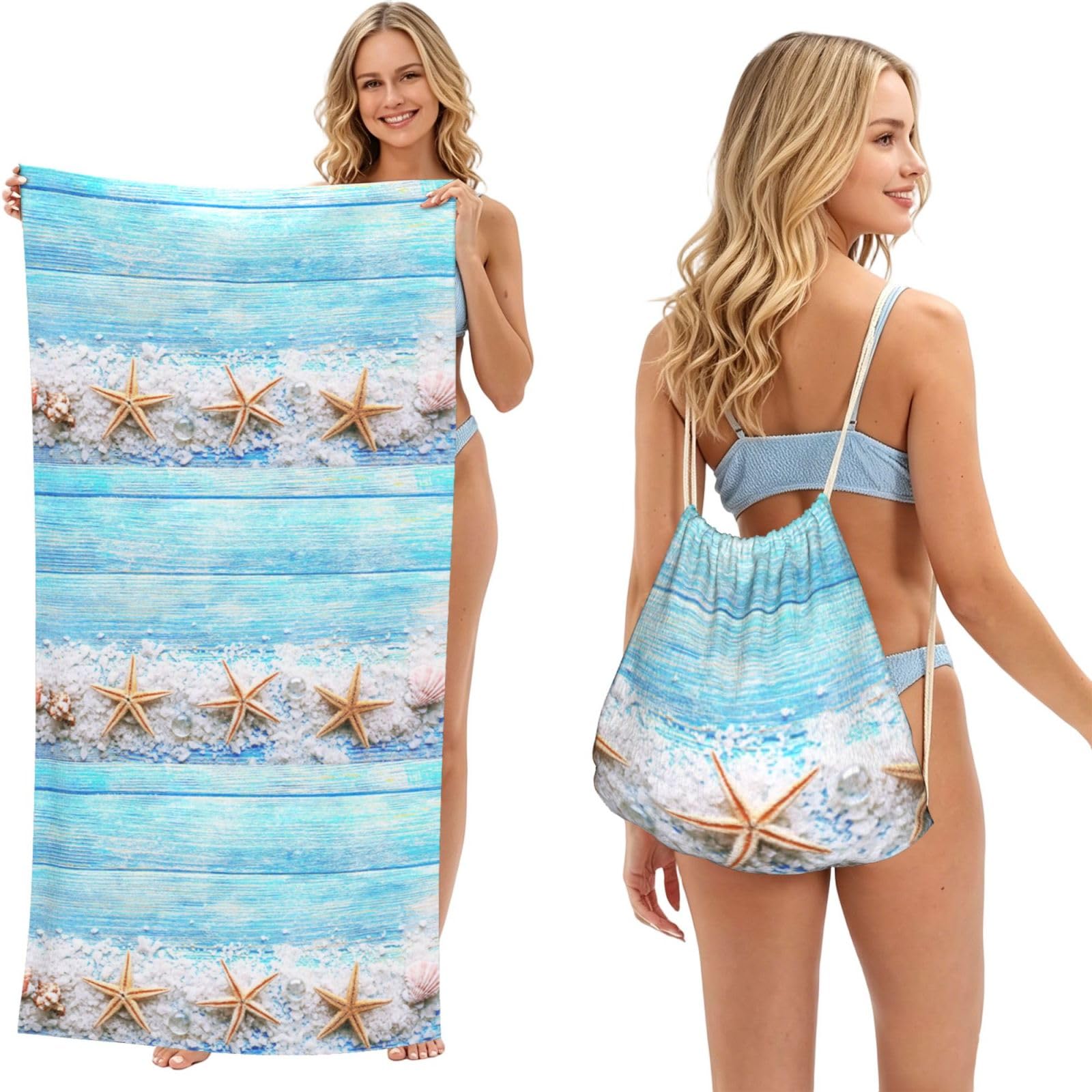 Poadnly As Picture Sea Stars On Sea Salt, 2 In 1 Packable Towel Bag, Beach Towels With Drawstring Backpack For Travel Holiday Camping