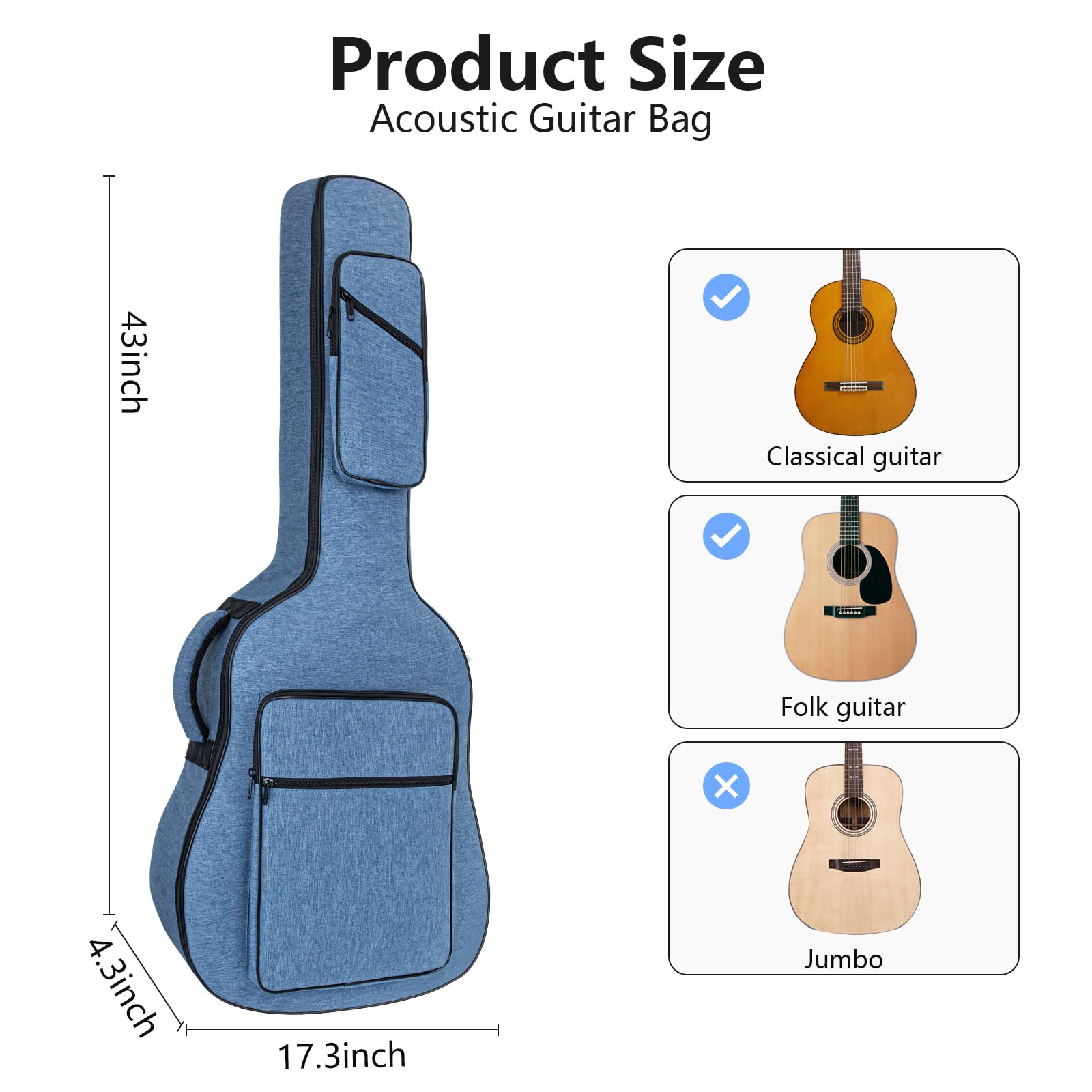 MUZTOP 39 40 41 Inch Guitar Bag Acoustic Guitar Case, 0.45Thick Padding Guitar Gig Bag with Comfortable Handle and Pockets Acoustic Guitar Backpack Case Blue