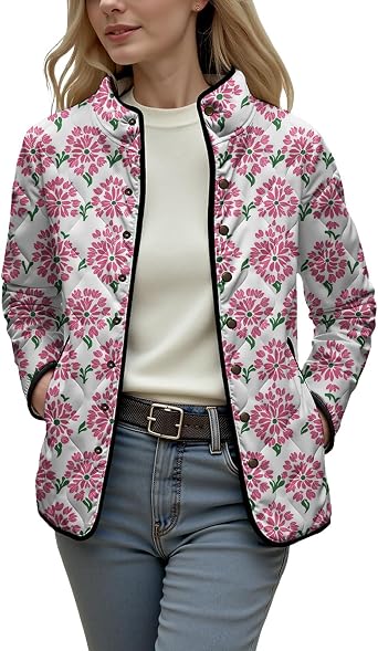 Zaswen Womens Stand Collar Long Sleeve Boho Floral Printed Quilted Jackets Fall Winter Clothes Loose Fitted Coat with Pockets