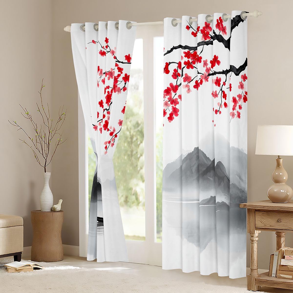 Homewish Japanisch Vorhänge 245x140(HxB) Kirschblüte Fenstervorhang Retro Asiatischer Anime Berg Gardienen Naturlandschaft Ästhetik Türvorhang Blickdicht Schlafzimmer 2 Paneele