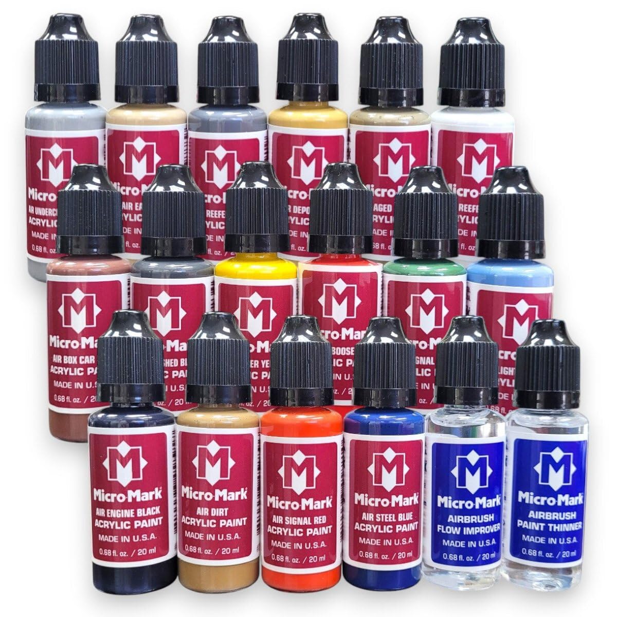 Micro-Mark Railroad Model Air Acrylic Paint Set, 18 Colors, Made in USA, 0.68 fl oz Bottles