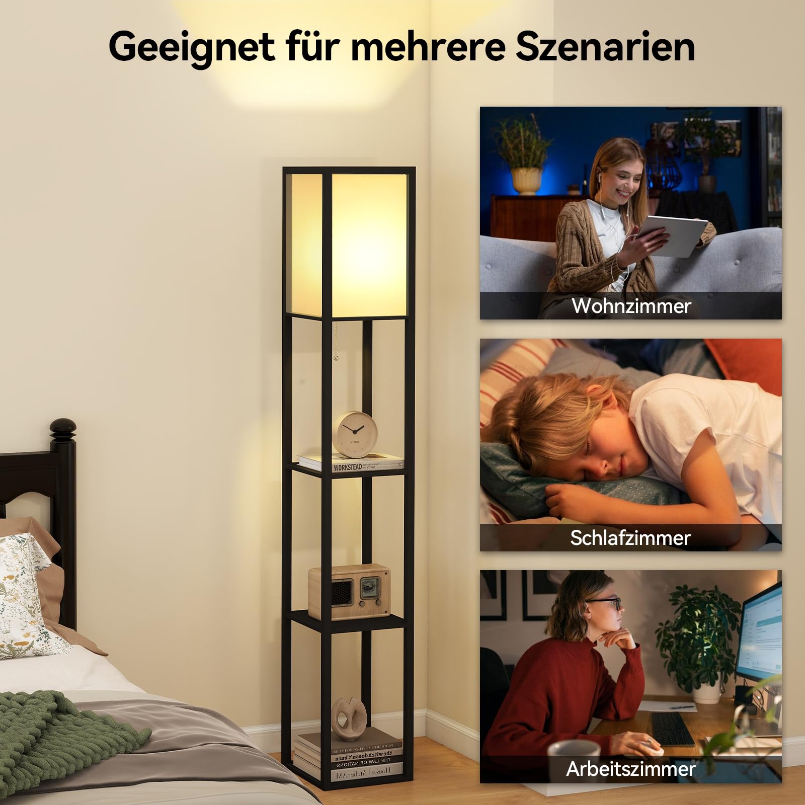 Fullwatt Stehlampe mit Holzregal Innenbeleuchtung Holz Stehleuchte mit Regalen für Schlafzimmer und Wohnzimmer (schwarz)