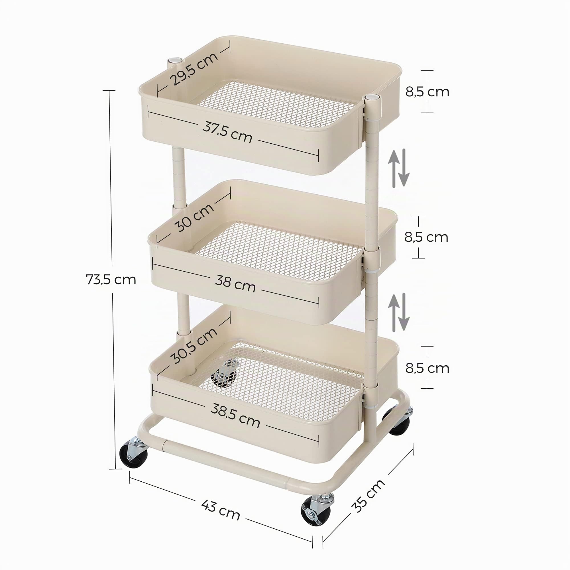 SONGMICS Rollwagen mit 3 Fächern, Aufbewahrungswagen, Küchenregal mit Rollen, Ablagefächer höhenverstellbar, Servierwagen mit 2 Bremsen, Bad, Küche, Büro, Weiß, 43 x 35 x 73.5 cm (L x W x H)