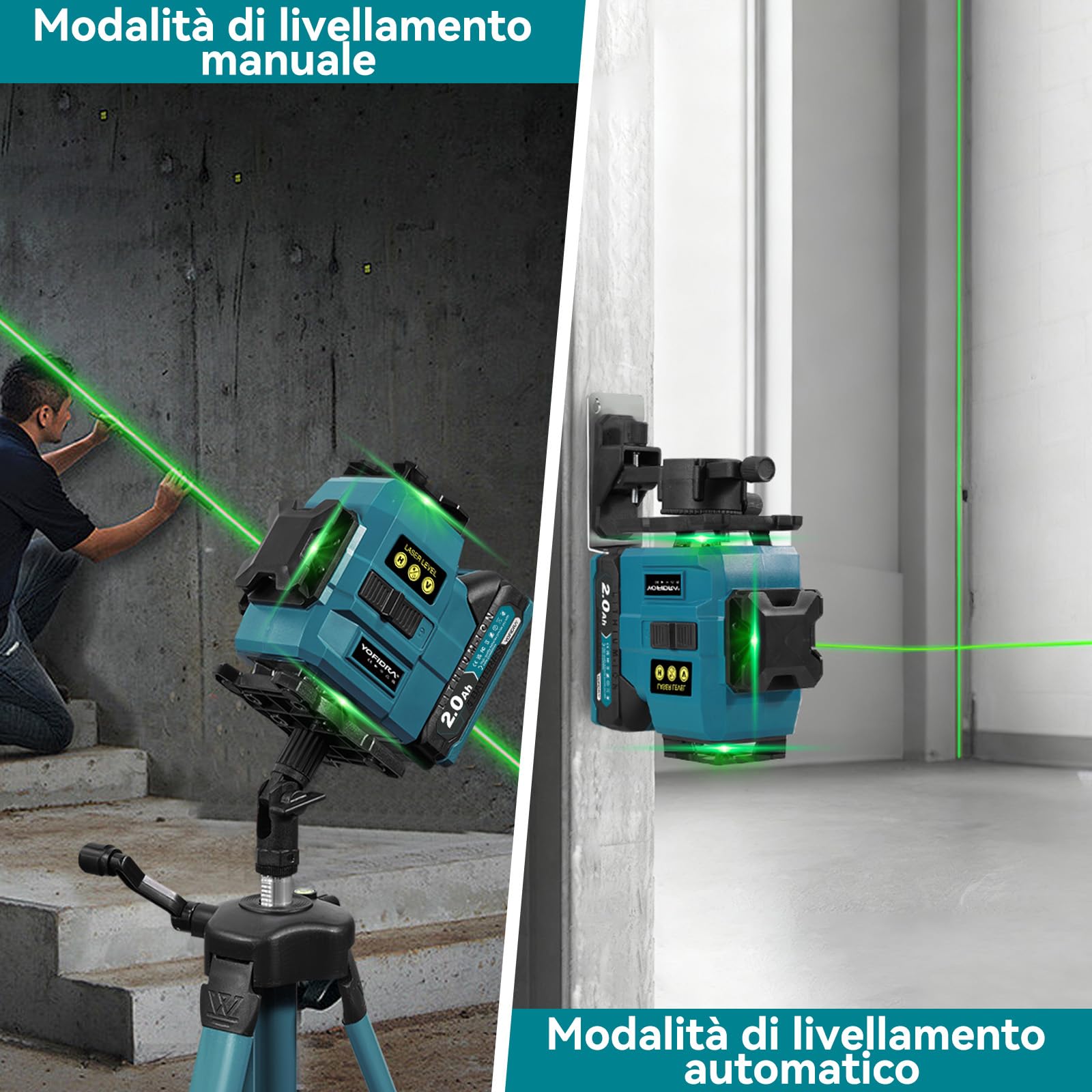 Yofidra Livella Laser con Treppiede - Laser a Linee Incrociate, Laser Autolivellante 4 x 360°, 4D 16 Linee, con 2 Batterie da 2000 mAh, Telecomando, IP54, per Cantieri, Interni