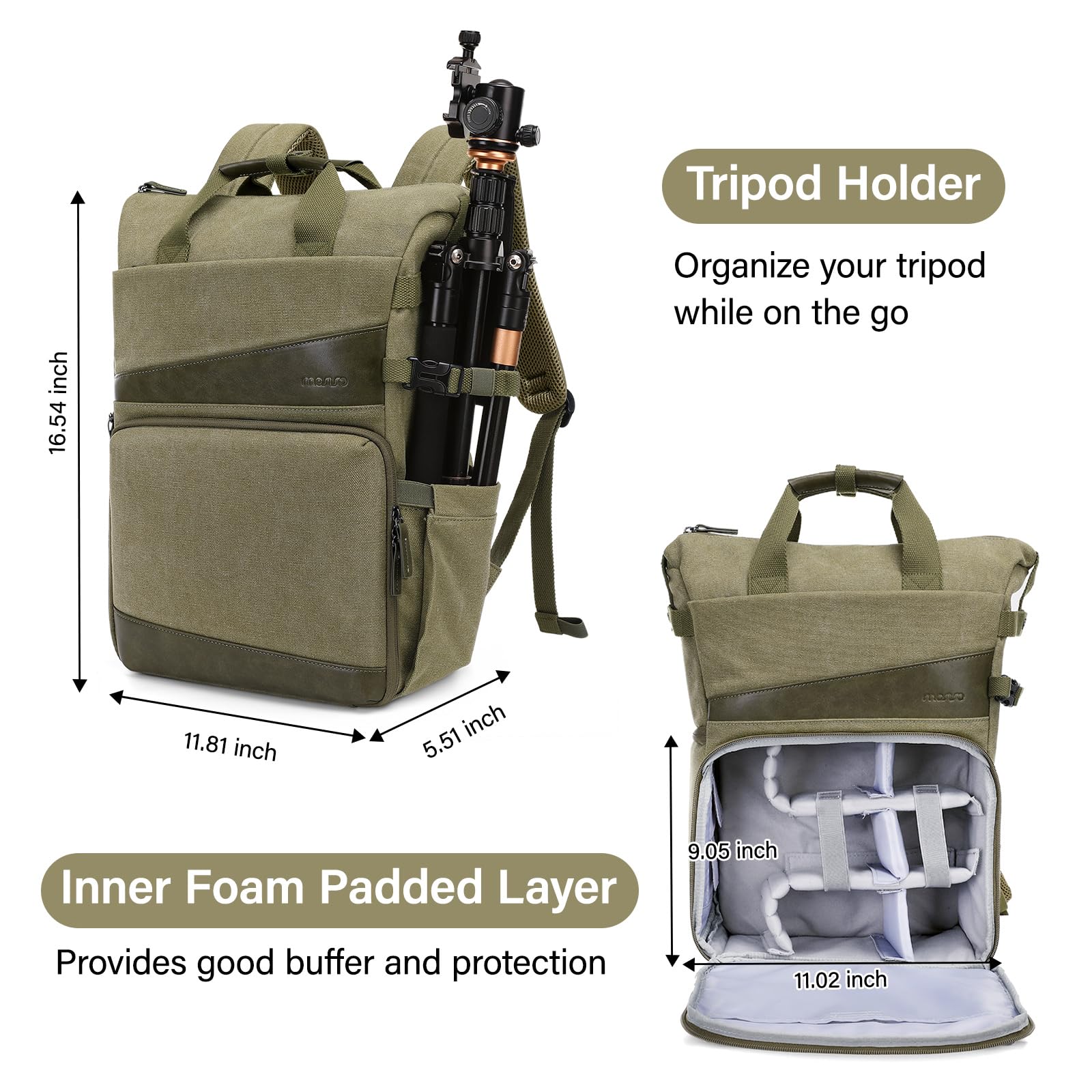 Mochila para cámara DSLR/SLR/SLR/sin espejo con soporte para trípode y compartimento para laptop de 15 a 16 pulgadas y mango de poliuretano, mochila de lona para fotografía compatible con 4